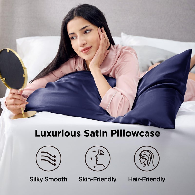 Bedsure Satin Pillowcases, Similar to Silk Pillow Cases Queen Size Set of 2, Pillow Case for Sleeping Women with Envelope Closure, Gifts for Women Men, Navy, 20x30 Inches, 2pcs - Image 3