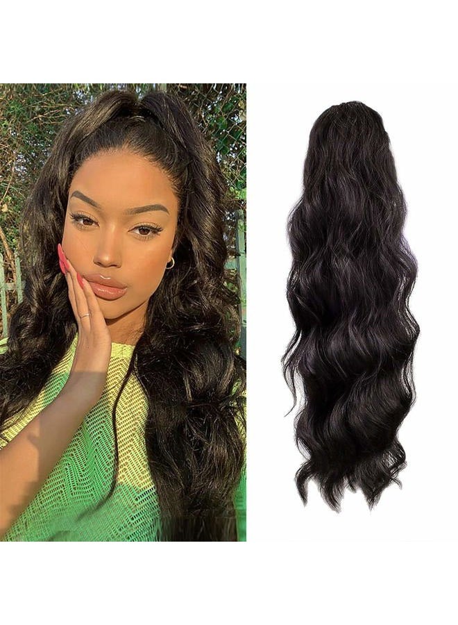 KETHBE 24 Inch Long Body Wave Ponytail hair Extension Synthetic Heat Resistant Wrap Around Drawstring Curly Wavy Ponytail Hairpieces for Women(Natural Black)  - Image 1