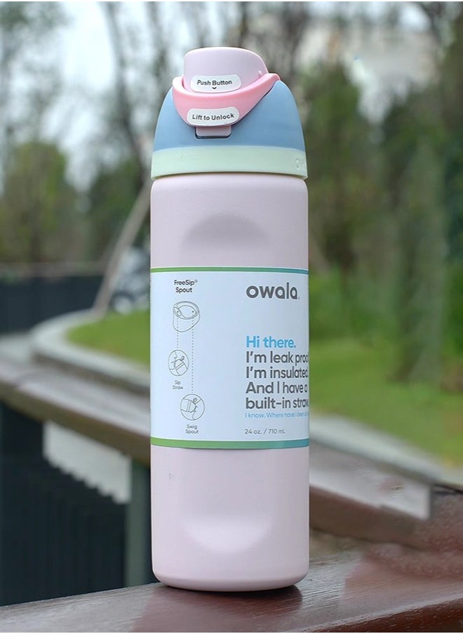 Owala - Owala FreeSip Insulated Stainless Steel Water Bottle with Straw for Sports and Travel, BPA-Free, 24-Ounce, Good egg Pink - Image 1