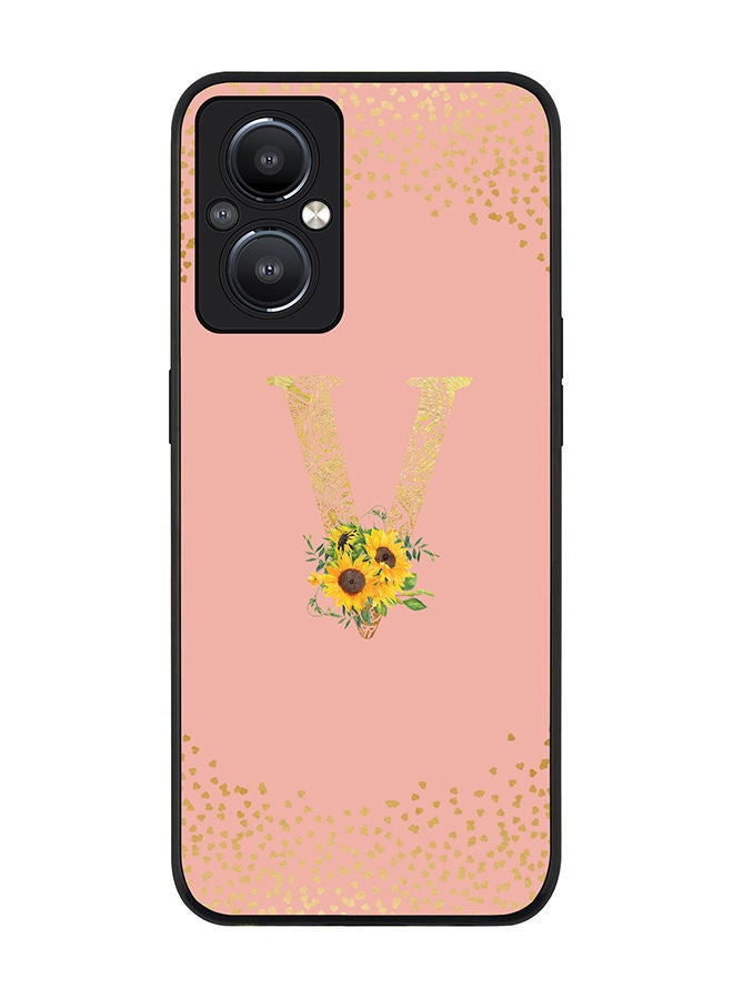 Stylizedd Rugged Black edge case for Reno8 Z 5G / Reno8 Lite 5G / Reno7 Z 5G Slim fit Soft Case Flexible Rubber Edges Anti Drop TPU Gel Thin Cover - Monogram Letter Floral Pattern Alphabet - V (Rose Pink) - Image 1