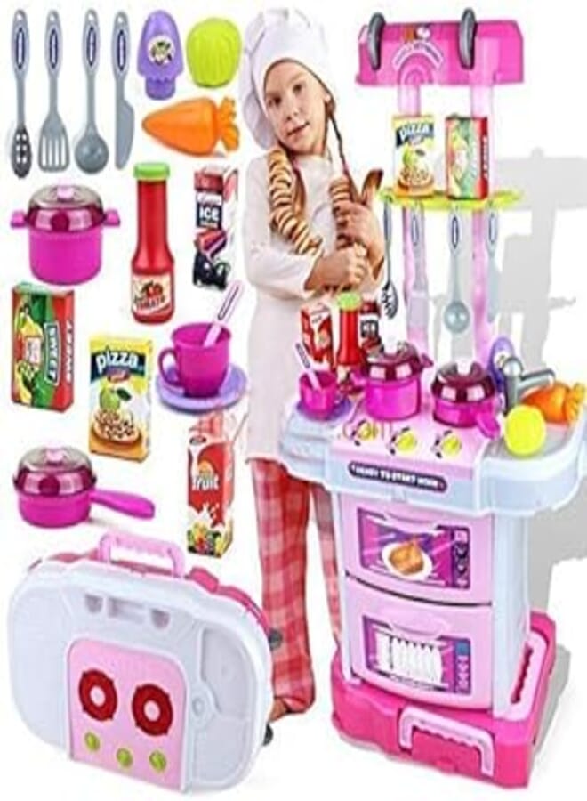 Rk Toys Kitchen 3 in 1 Little Chef Kids Kitchen Set with Light & Sound Pretend Play Set Cooking Kitchen On Wheels in A Suitcase