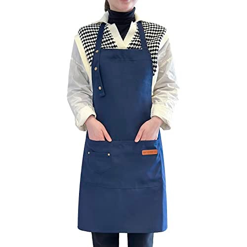 LOYGLIF Apron for Men Women with Adjustable Straps and Large Pockets Canvas Cotton Cooking Kitchen Chef Bib Aprons Waterproof Blue