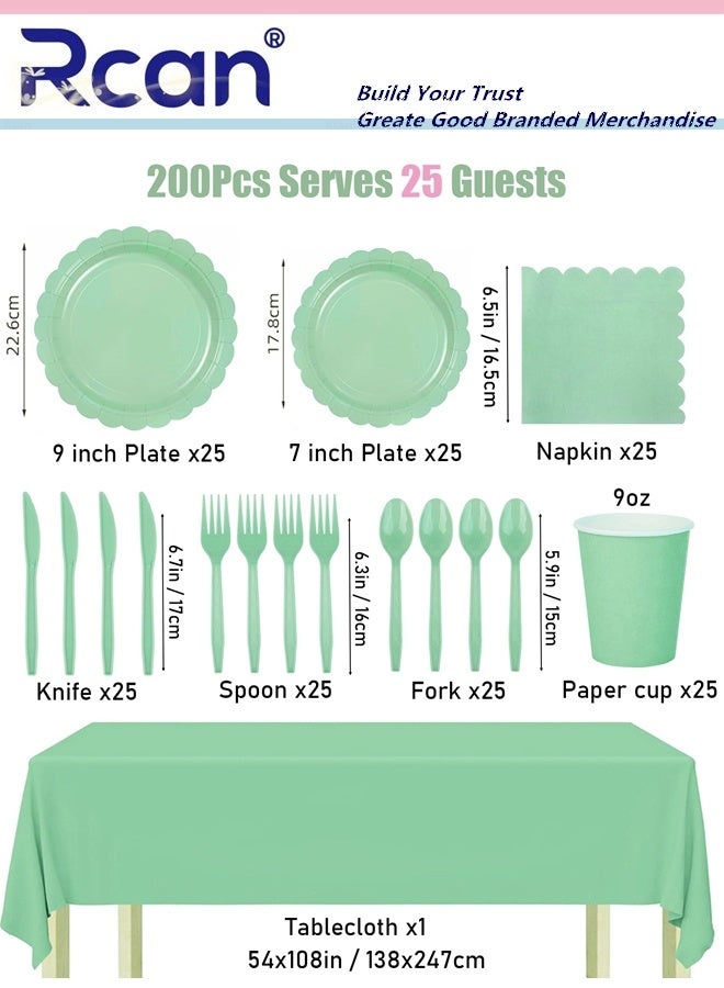 Rcan 200 Pcs Green Paper Plates and Napkins, Light Green Party Supplies Include Scalloped Plate Napkins Cups Plastic Spoons Forks Knives for Baby Shower, Wedding, Birthday - Image 3