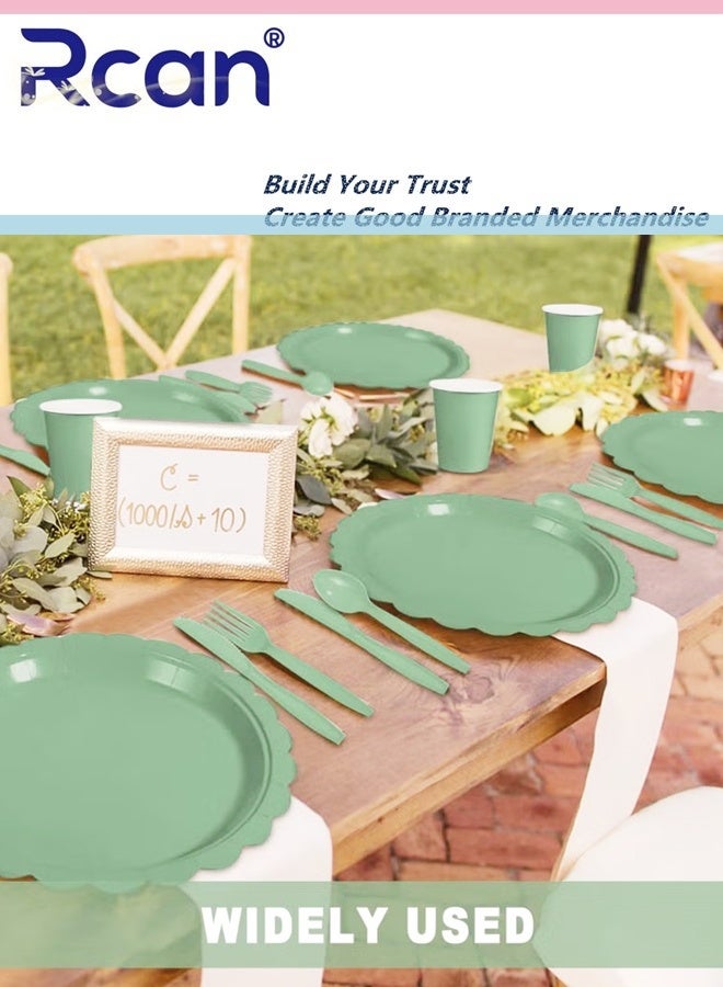 Rcan 200 Pcs Green Paper Plates and Napkins, Light Green Party Supplies Include Scalloped Plate Napkins Cups Plastic Spoons Forks Knives for Baby Shower, Wedding, Birthday - Image 4