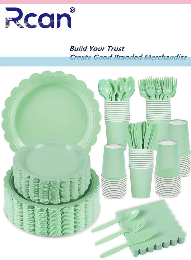 Rcan 200 Pcs Green Paper Plates and Napkins, Light Green Party Supplies Include Scalloped Plate Napkins Cups Plastic Spoons Forks Knives for Baby Shower, Wedding, Birthday - Image 1