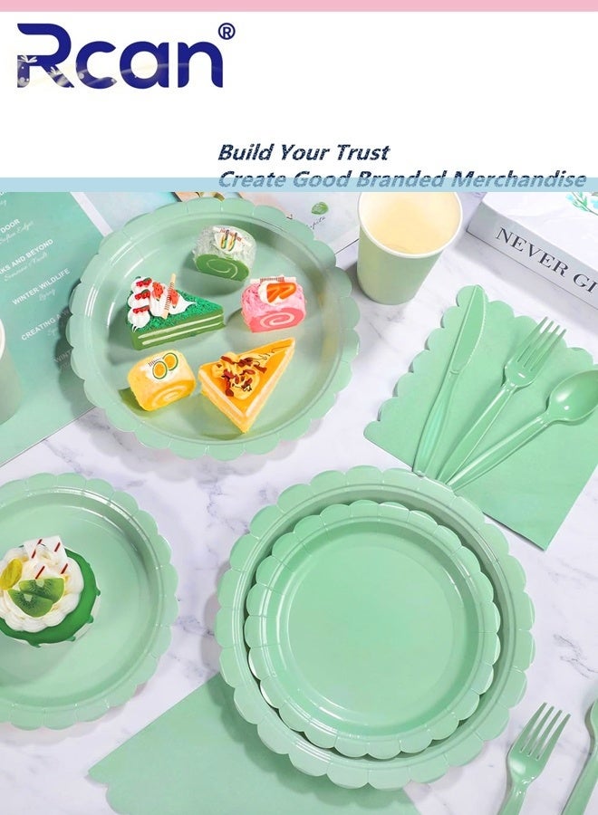 Rcan 200 Pcs Green Paper Plates and Napkins, Light Green Party Supplies Include Scalloped Plate Napkins Cups Plastic Spoons Forks Knives for Baby Shower, Wedding, Birthday - Image 2