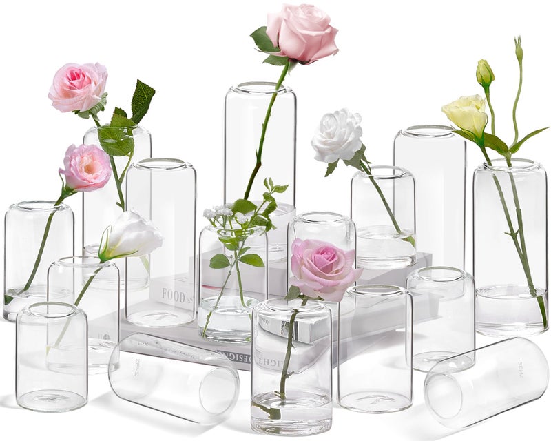 ZENS Bud Vases in Bulk Set of 16  Modern Small Glass Vases for Flower Clear Bud Vases for Wedding Centerpiece  Modern Blown Small Vase for Flowers  Wedding Party Events Decorative Home Decor - Image 1