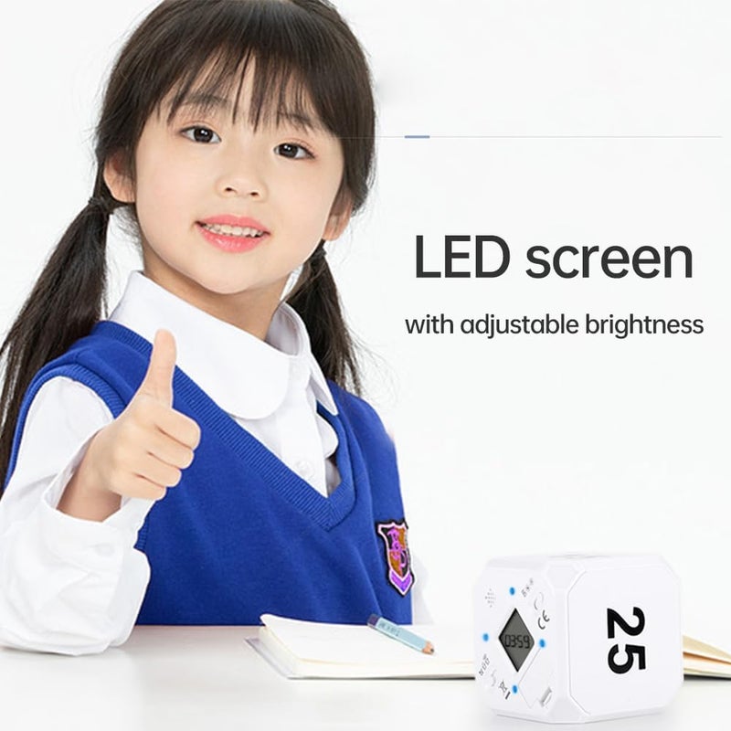 مؤقت مكعب، سهل الاستخدام، بشاشة LED وسطوع قابل للتعديل، 4 خيارات زمنية: 5 دقائق، 15 دقيقة، 25 دقيقة، 45 دقيقة، للطهي، العمل، القراءة، الألعاب، الرياضة (أبيض) - Image 2