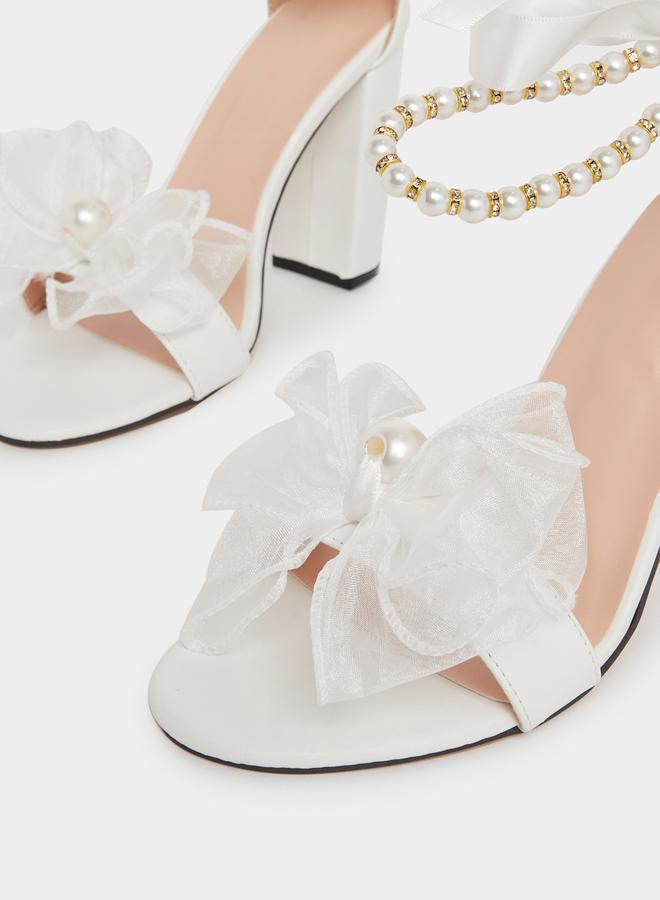 Take Two Floral Faux Pearl Applique Block Heel Sandals by Styli - Image 3