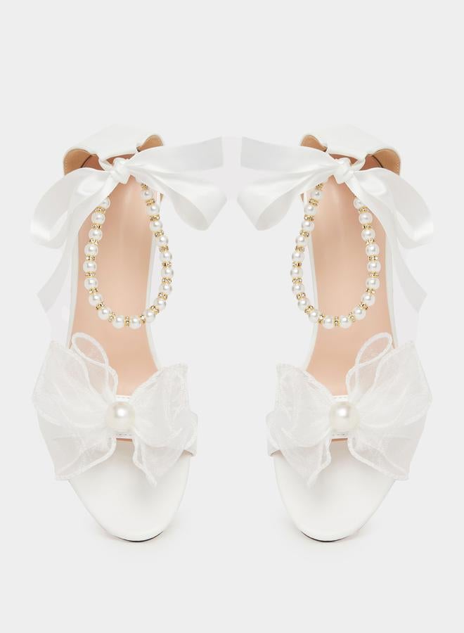 Take Two Floral Faux Pearl Applique Block Heel Sandals by Styli - Image 5