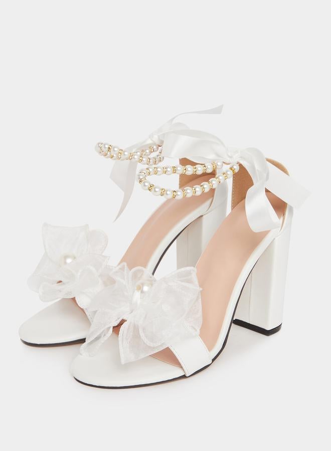 Take Two Floral Faux Pearl Applique Block Heel Sandals by Styli - Image 2