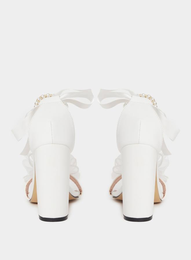 Take Two Floral Faux Pearl Applique Block Heel Sandals by Styli - Image 4