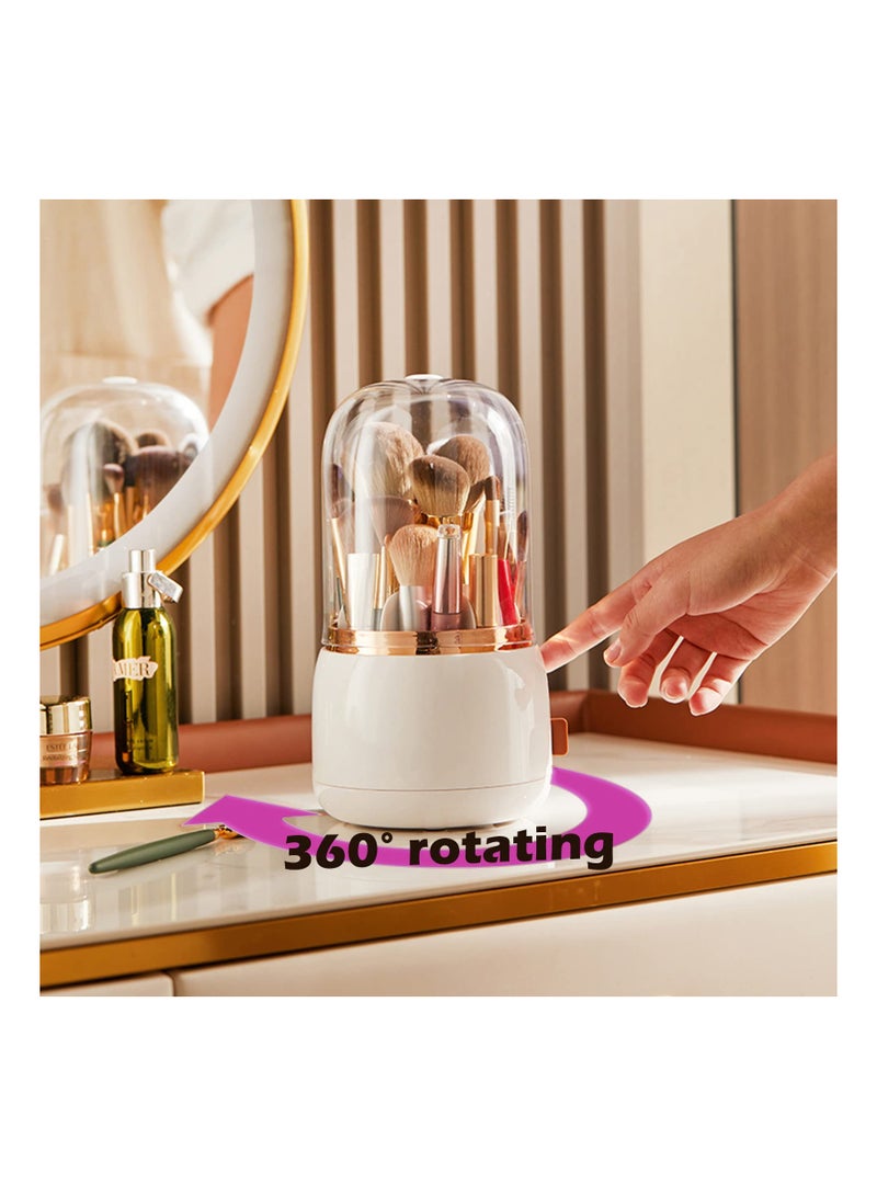 Excefore Makeup Brush Holder Organizer with Lid 360 Rotating Dustproof Makeup Brushes Organizer for Vanity (Pearl White) - Image 2