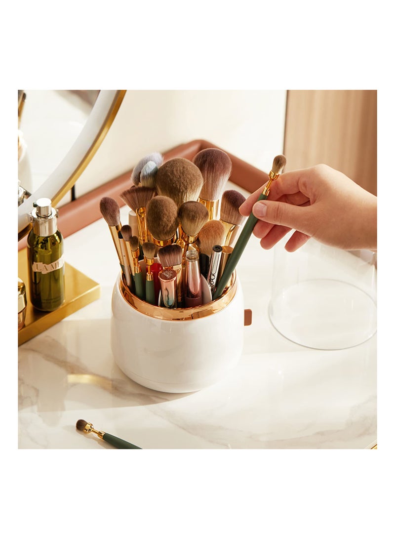 Excefore Makeup Brush Holder Organizer with Lid 360 Rotating Dustproof Makeup Brushes Organizer for Vanity (Pearl White) - Image 4