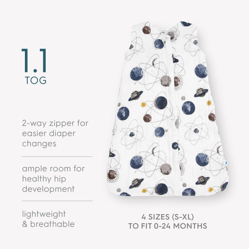 Little Unicorn 12-18 Month Premium Muslin Sleep Sack 1.1 TOG | Soft & Breathable Muslin Cotton for safer sleep | 2 way zipper (Planetary) - Image 5