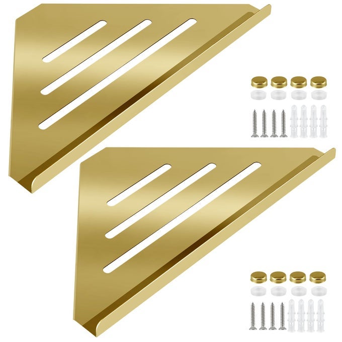 2 PCS 304 STAINLESS STEEL CORNER SHELF WITH SCREWS TRIANGLE SHOWER CADDY WALL MOUNT SOAP HOLDER FOR BATHROOM KITCHEN ORGANIZATION POLISHED GOLD