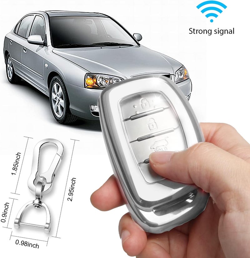 QBUC Key Fob Cover for Hyundai Elantra, Ioniq, Sonata, Tucson - Soft TPU Protector with Keychain - Silver - Image 4