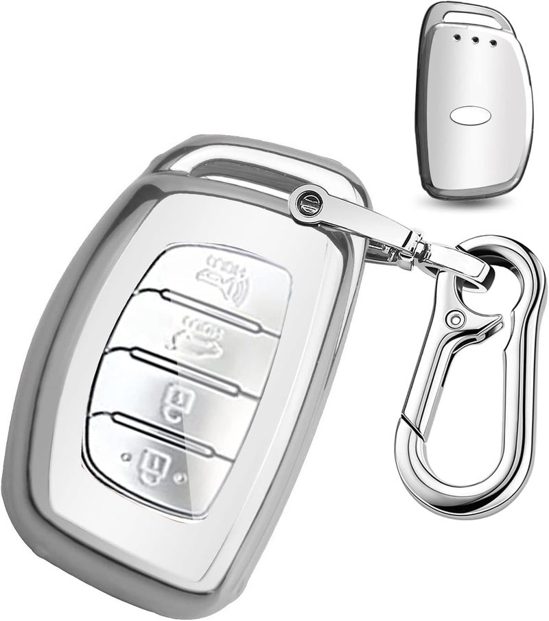 QBUC Key Fob Cover for Hyundai Elantra, Ioniq, Sonata, Tucson - Soft TPU Protector with Keychain - Silver - Image 1