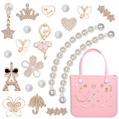 WYVAS Charms for Bogg Bag, Pearls Butterfly Flowers & Chain Cute Decorative Pearl Charms Accessory Compatible with Rubber Simply Southern Beach Bag, Insert for Beach Tote Birthday(21 Pcs) - Image 1