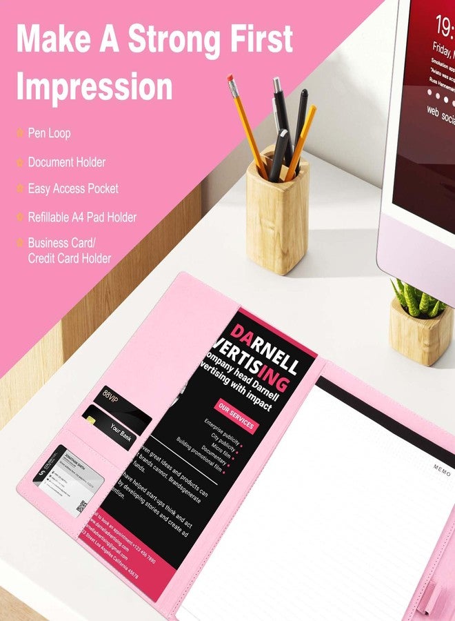 Tiankool Padfolio Portfolio Binder for Women - Stylishly Business Folder for Interview Resumes, Legal Documents | Notepad Not Included, Faux Leather, Pink - Image 3