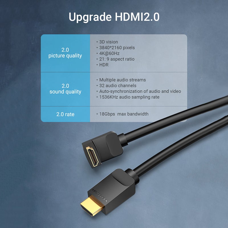 كبل HDMI زاوية قائمة 90 درجة من فينشن AARBG نسخة HDMI 2.0 كبل ديجيتال عالية الوضوح 4K و3D لاستبدال كبل التلفزيون وPS3/4 ومقسم الفيديو والصوت بطول 1.5 متر - Image 5