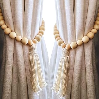 YELLOW LOTUS YELLOW LOTUS Farmhouse Curtain Tiebacks - Set of 2 Curtain Holders with Tassels & Brass Hooks - 25 inch Curtain Ties  - Image 1