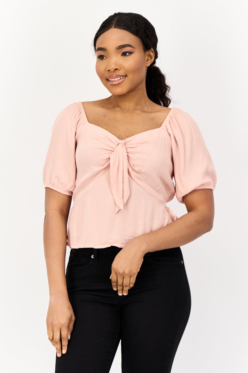 ONLY Women Square Neck Short Sleeves Textured Blouse, Light Pink - Image 1