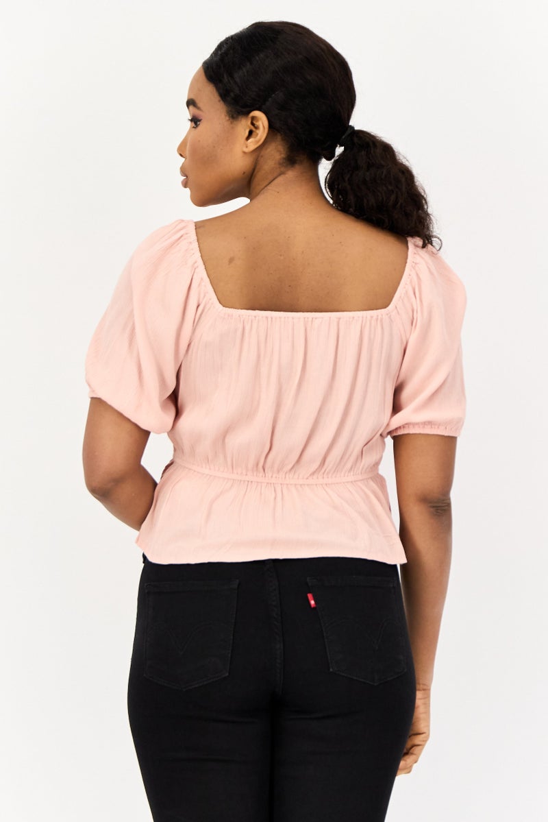 ONLY Women Square Neck Short Sleeves Textured Blouse, Light Pink - Image 2
