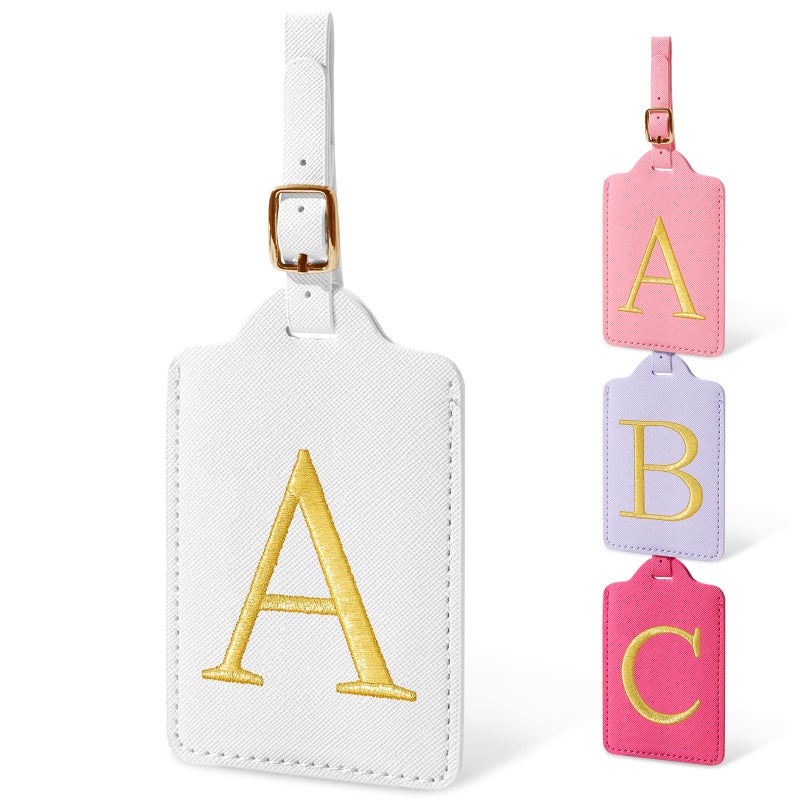 Iqimott Initial Luggage Tags for Suitcases, Cute Embroidered Letter Luggage Bag Suitcase Identifier Name Baggage Tag, PU Leather Travel Luggage Tags, Bag Tags for Men Women Kids Luggage Handbags(White A) - Image 1