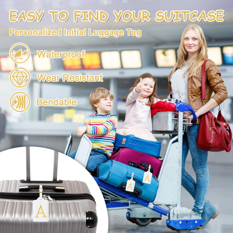 Iqimott Initial Luggage Tags for Suitcases, Cute Embroidered Letter Luggage Bag Suitcase Identifier Name Baggage Tag, PU Leather Travel Luggage Tags, Bag Tags for Men Women Kids Luggage Handbags(White A) - Image 4