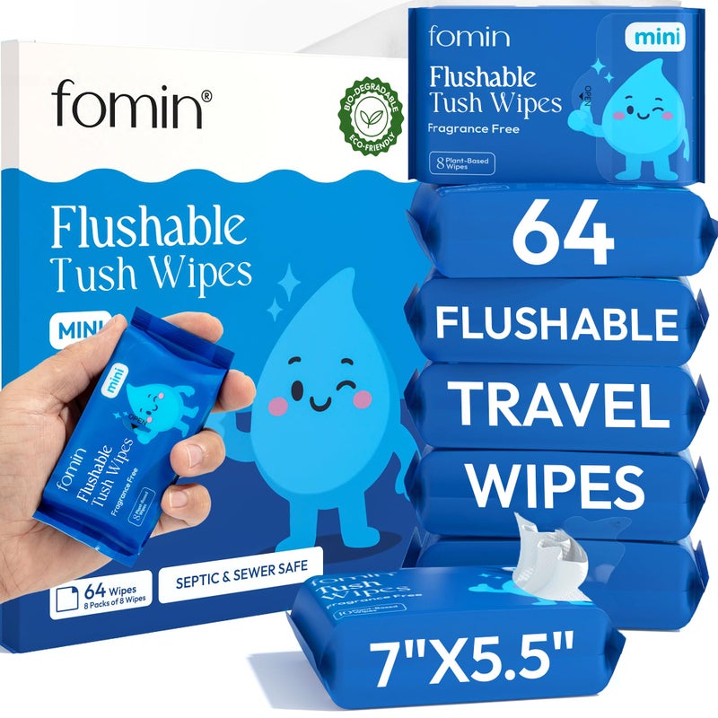 Fomin Flushable Tush Wipes 8 Pack (8 Count) â€“ Unscented Flushable Travel Wet Wipes for Adults â€“ pH Balanced, Biodegradable Travle Wipes â€“ Hypoallergenic, Plant Based Travel size Flushable Wipe - Image 1