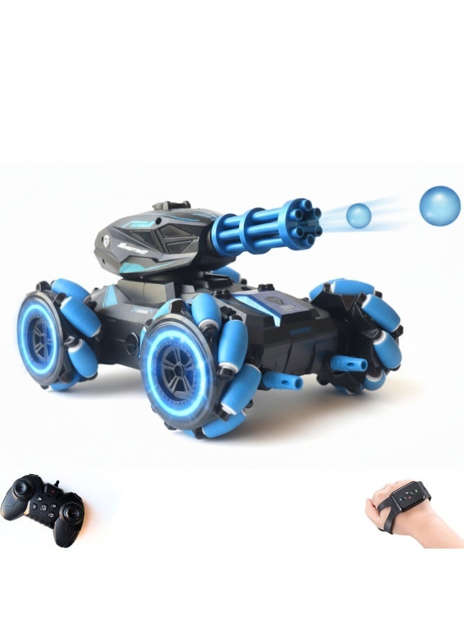 RC Tank Shooter with Remote Control & Gesture Watch (Blue) – 2.4GHz Stunt Battle Tank Toy with Lights, Sound & Spray – Rechargeable Off-Road Tank for Kids 8+ - Image 1