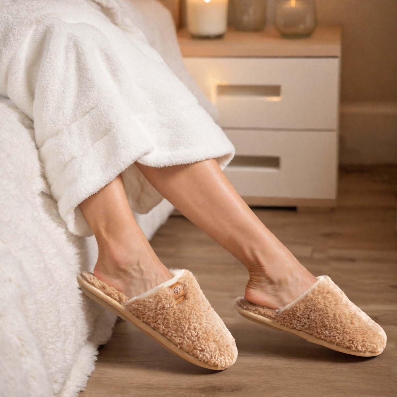 EverFoams Women's Fuzzy Slip-on Slippers Warm Cozy Soft Lightweight Memory Foam Indoor House Shoes Sand, 9-10 US - Image 2