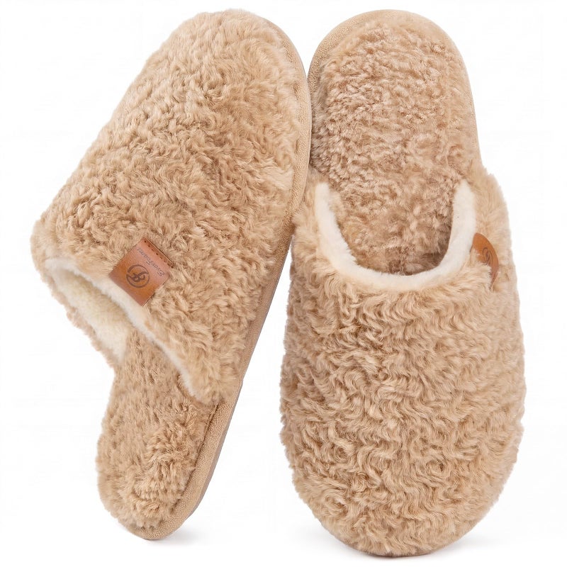 EverFoams Women's Fuzzy Slip-on Slippers Warm Cozy Soft Lightweight Memory Foam Indoor House Shoes Sand, 9-10 US - Image 1