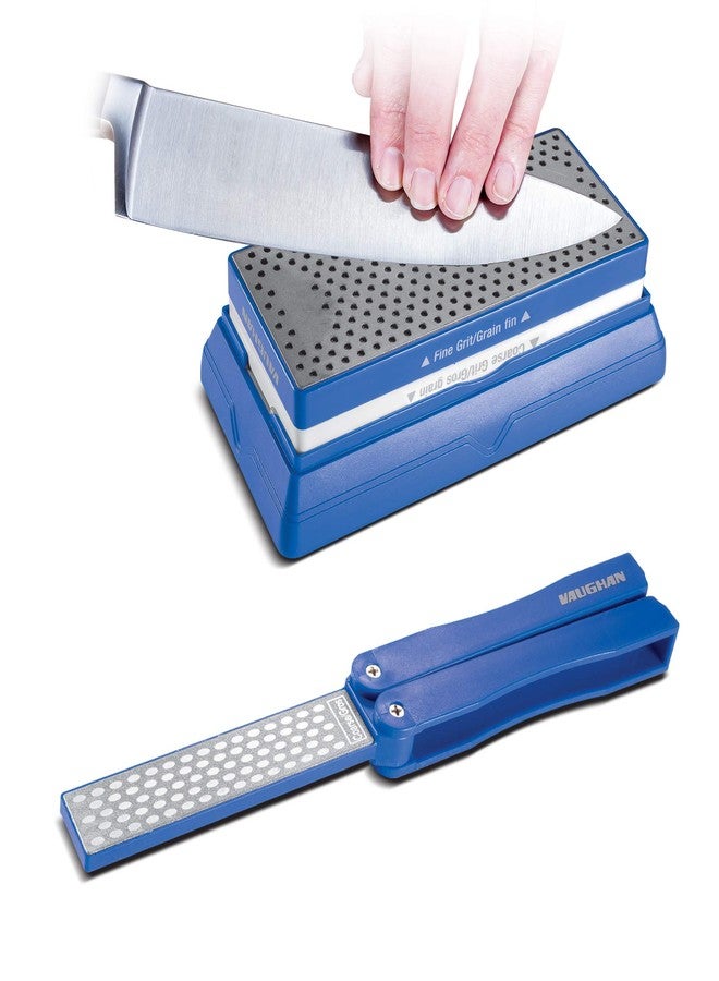 Vaughan 2 Piece Diamond Stone Sharpening Set - Dual-Sided Benchtop & Portable Pocket Sharpener with Coarse & Fine Grit - Genuine Diamond Particles, Anti-Slip Base, and Storage Case - 240021 - Image 1