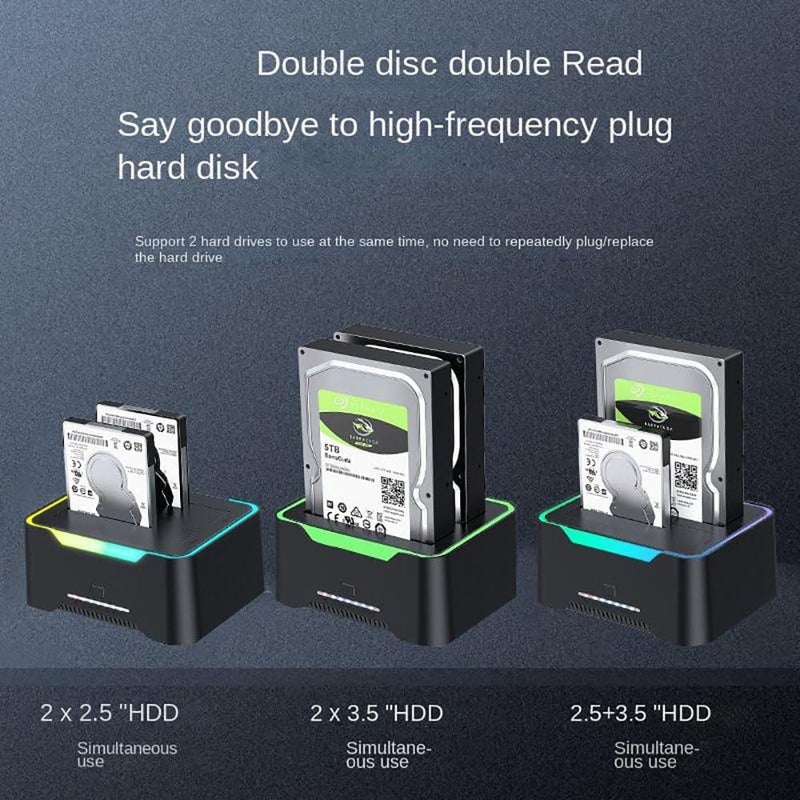 ETZIN RGB SATA to USB 3.0 Hard Drive Docking Station with Offline Clone Function USB 3.0 SATA Dual Bay RGB Lamp Effect Hard Disk 2.5/3.5 Inch Docking Station for Clone HDD SSD Used External - Image 3
