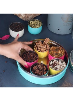 Elan Elan Stainless Steel See-Through Lid 7 Compartment Air Tight Kitchen Organizer Round Masala Dabba | Spice Box | Spice Jar with Spoon for Kitchen (Aqua)  - Image 4