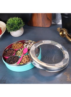 Elan Elan Stainless Steel See-Through Lid 7 Compartment Air Tight Kitchen Organizer Round Masala Dabba | Spice Box | Spice Jar with Spoon for Kitchen (Aqua)  - Image 3