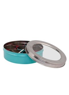 Elan Elan Stainless Steel See-Through Lid 7 Compartment Air Tight Kitchen Organizer Round Masala Dabba | Spice Box | Spice Jar with Spoon for Kitchen (Aqua)  - Image 1