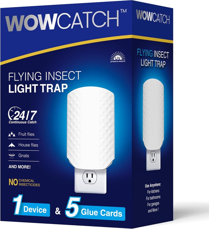 WowCatch Flying Insect Trap for Indoors, Plug-in Fly Trap Bug Catcher for Gnats, Fruit Flies & House Flies, Upgraded Blue UV Light Trap with Sticky Cards, Silent & Mess-Free, 1 Device + 5 Refill - Image 1
