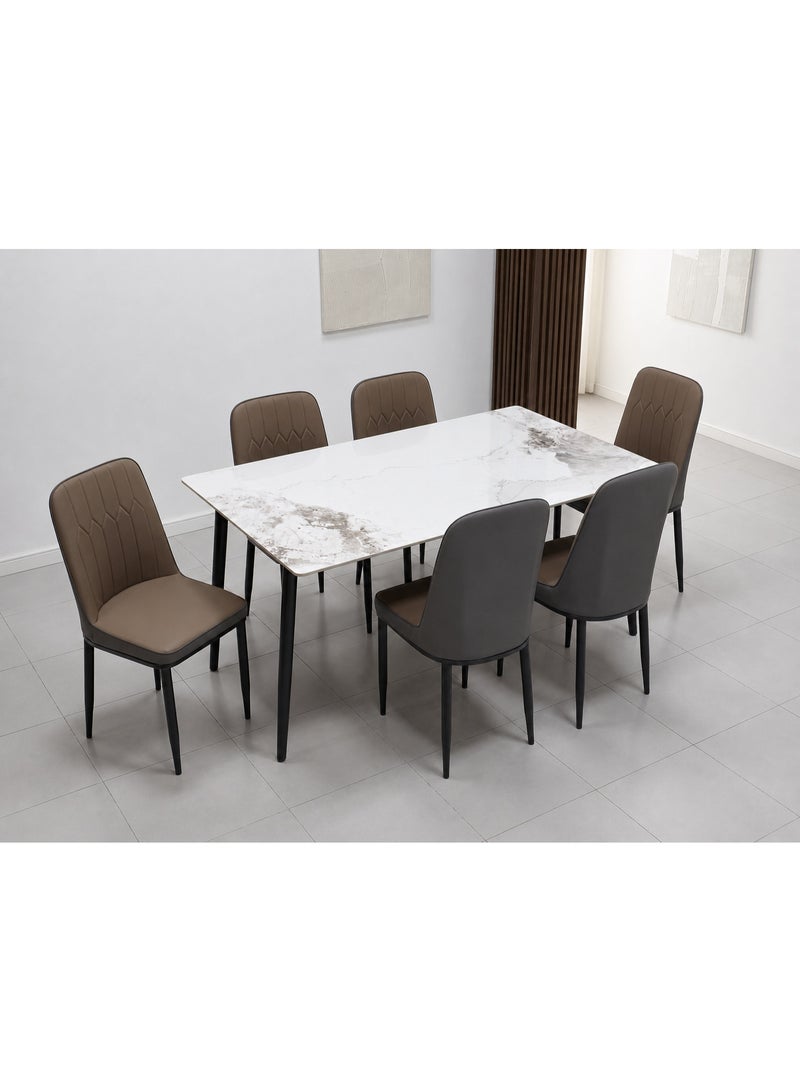SUNLIT HOME 6-Seater Ceramic Dining Table Set with Upholstered Chairs, Modern Marble Effect Dining Table and 6 Cushioned Dining Chairs - Image 1