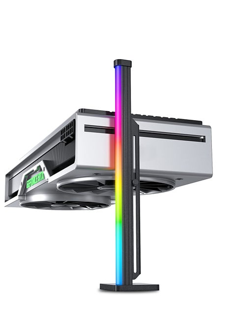 Adjustable GPU Support Bracket for Graphics Card, Anti-Sag Holder with SATA Holster, Includes Flexible Silicone Rainbow Light Strip and Side Neon Lighting.