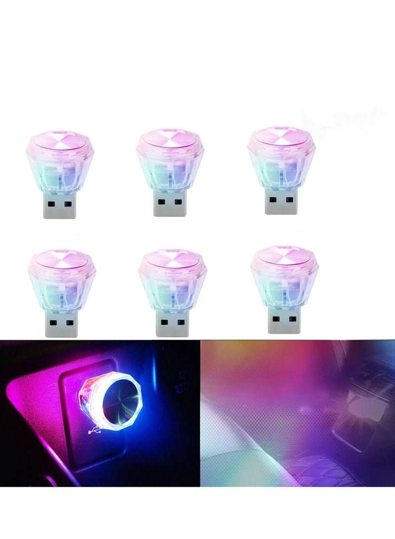 Car USB Atmosphere LED Light, Portable LED Lights Dazzling Diamond-Shaped USB Ambient Lights, Mini Car Interior Ambient Lighting Kit for Decorating with USB Ports, LED Vehicle Light (6PCS) - Image 1