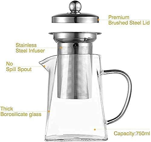 KRIVAZ Glass Kettle Teapot 750ML with Removable Infuser Lid Handle Stovetop Safe Clear Tea Kettle Great for Loose Leaf Tea Blooming Tea Tea Bags Fruit Infused Square - Image 3