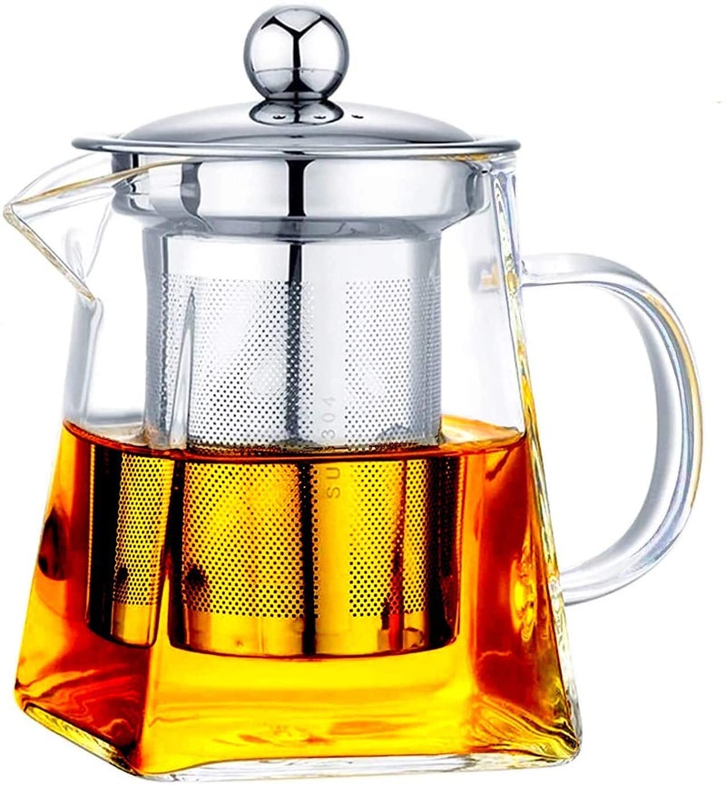 KRIVAZ Glass Kettle Teapot 750ML with Removable Infuser Lid Handle Stovetop Safe Clear Tea Kettle Great for Loose Leaf Tea Blooming Tea Tea Bags Fruit Infused Square - Image 1