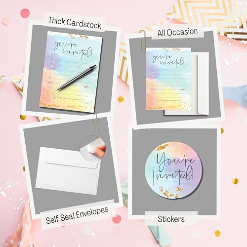 Paper 'n Such Blank Party Birthday Invitations With Envelopes For All Occasions, Set of 25 - Weddings, Bridal Showers, Engagement, Graduation, Fill In Colorful Watercolor Invites -Kids or Adults - Image 4