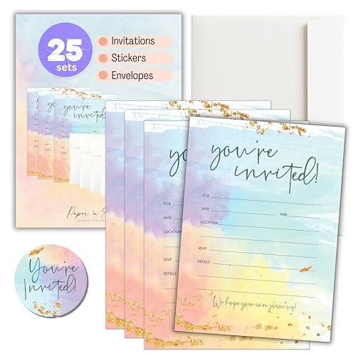 Paper 'n Such Blank Party Birthday Invitations With Envelopes For All Occasions, Set of 25 - Weddings, Bridal Showers, Engagement, Graduation, Fill In Colorful Watercolor Invites -Kids or Adults - Image 1
