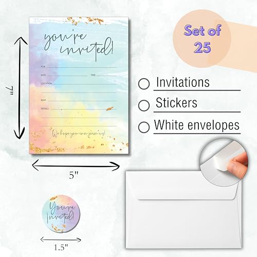 Paper 'n Such Blank Party Birthday Invitations With Envelopes For All Occasions, Set of 25 - Weddings, Bridal Showers, Engagement, Graduation, Fill In Colorful Watercolor Invites -Kids or Adults - Image 3