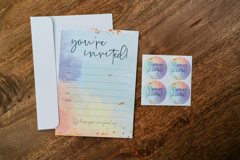 Paper 'n Such Blank Party Birthday Invitations With Envelopes For All Occasions, Set of 25 - Weddings, Bridal Showers, Engagement, Graduation, Fill In Colorful Watercolor Invites -Kids or Adults - Image 2