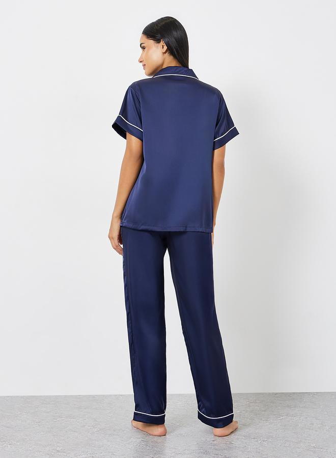 Styli Satin Piped Pocket Shirt and Pyjama Set - Image 5